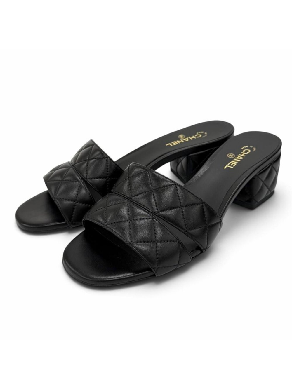 Chanel CC Logo Quilted Leather Sandals Black Silver